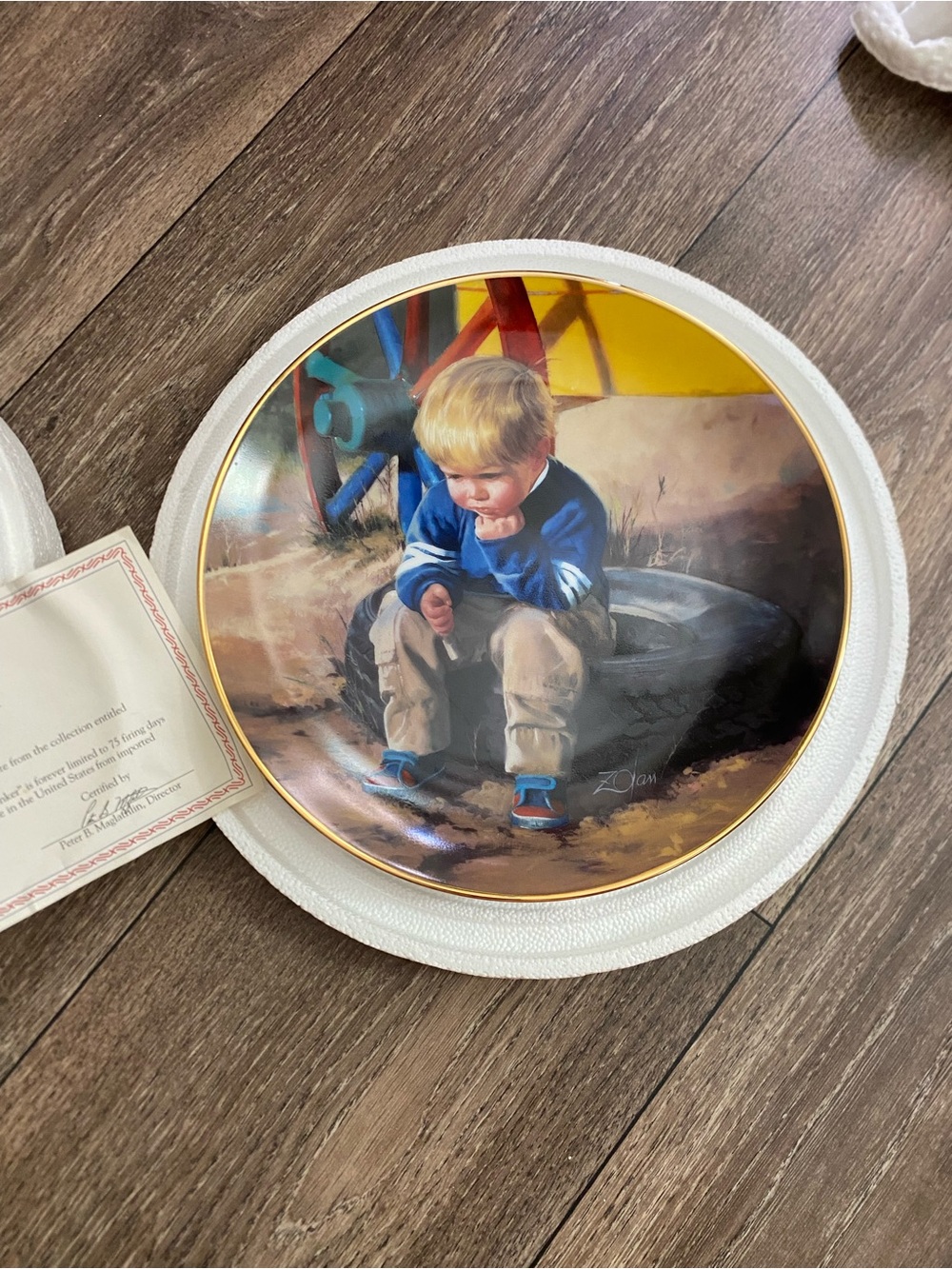 Decorative Collectible Plate with Boy Illustration - “The Thinker”